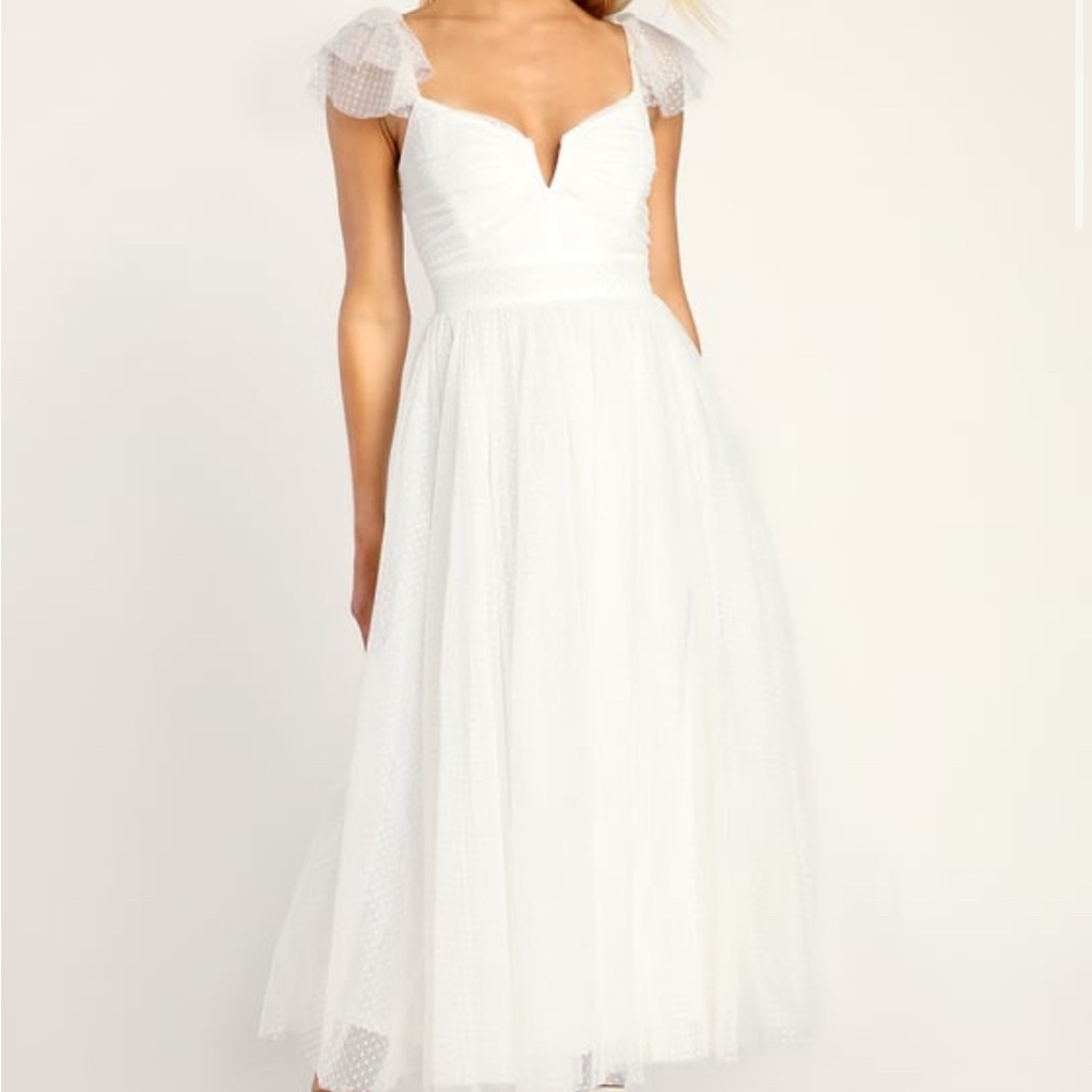 Lulu’s Flirtatious Feeling White Tulle Flutter Sleeve A-line Midi Dress nwt